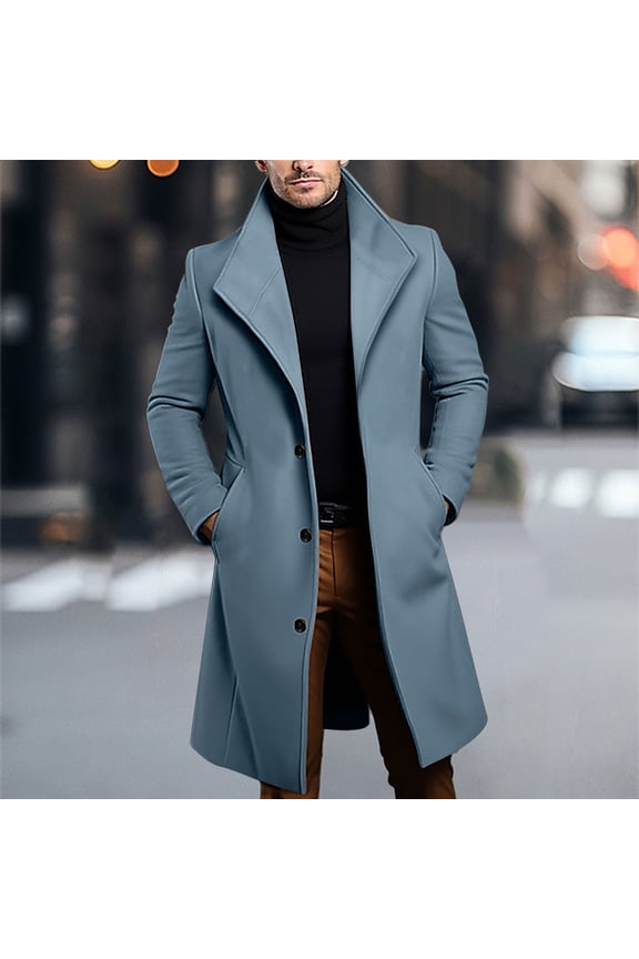 Mens Peacoats Lapel Collar Dressy Casual Slim Fitting Trench Coat Mid Long Winter Overcoat with Pockets Navy M