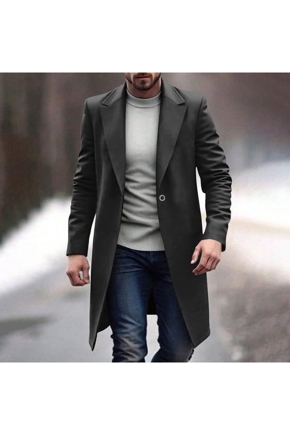 Mens Peacoats with Pockets Woolen Jackets Long Sleeve Button-Down Collared Mid Length Business Casual Solid Color Thermal Warm Work Trench Coat