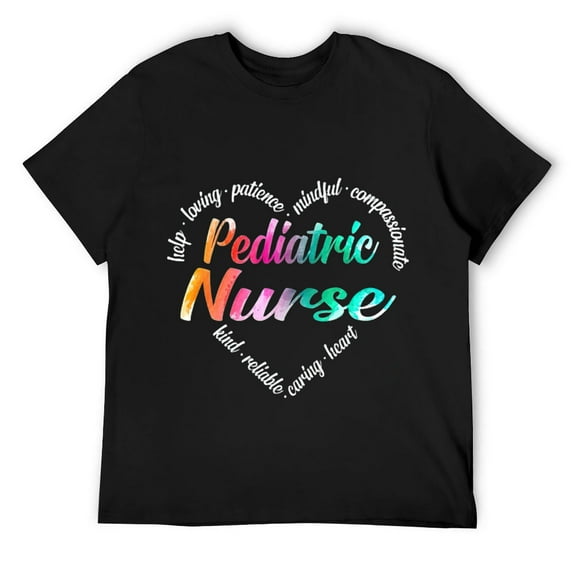 Mens Pediatric Nurse Heart Word Cloud Watercolor Rainbow T-Shirt Black