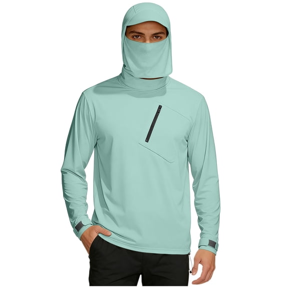 Mens Performance Fishing T-Shirt Long Sleeve Hoodie with Face Mask, Stretch Quick Dry Breathable Hooded Shirt Outdoor Hiking Top with Chest Zipper Pocket & Adjustable Cuff