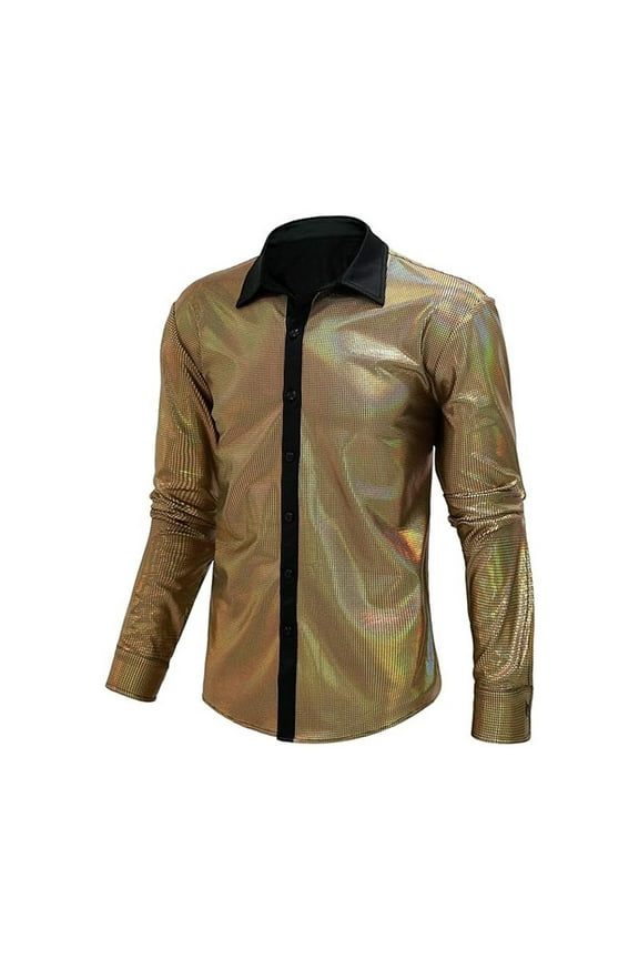 Mens Performance Sequin Casual Shirt Mens Fashion Shiny Lapel Clothes