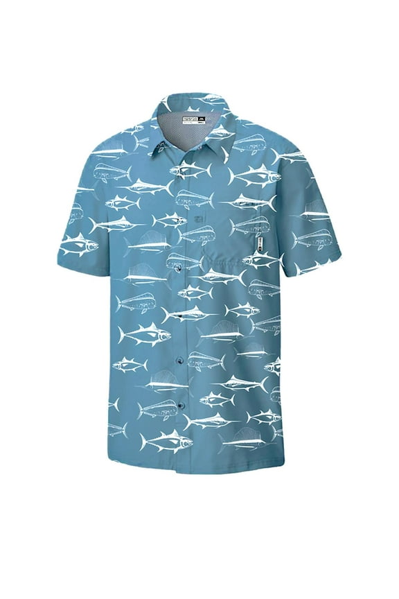 Mens Performance Short Sleeve Button Up Quick Dry Shirt 50+ UPF Fishing Shirt, Slate Game Fish, Size: 3X, Momentum Comfort Gear