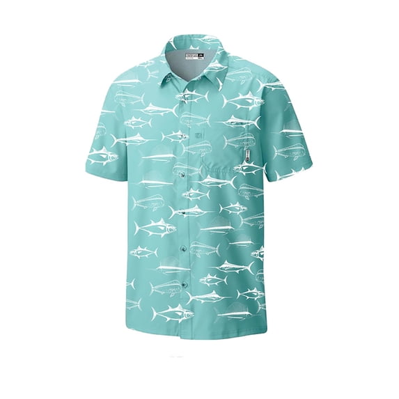 Mens Performance Short Sleeve Button up With All Over Design Shirt, Aqua Fish, Size: 3X, Momentum Comfort Gear