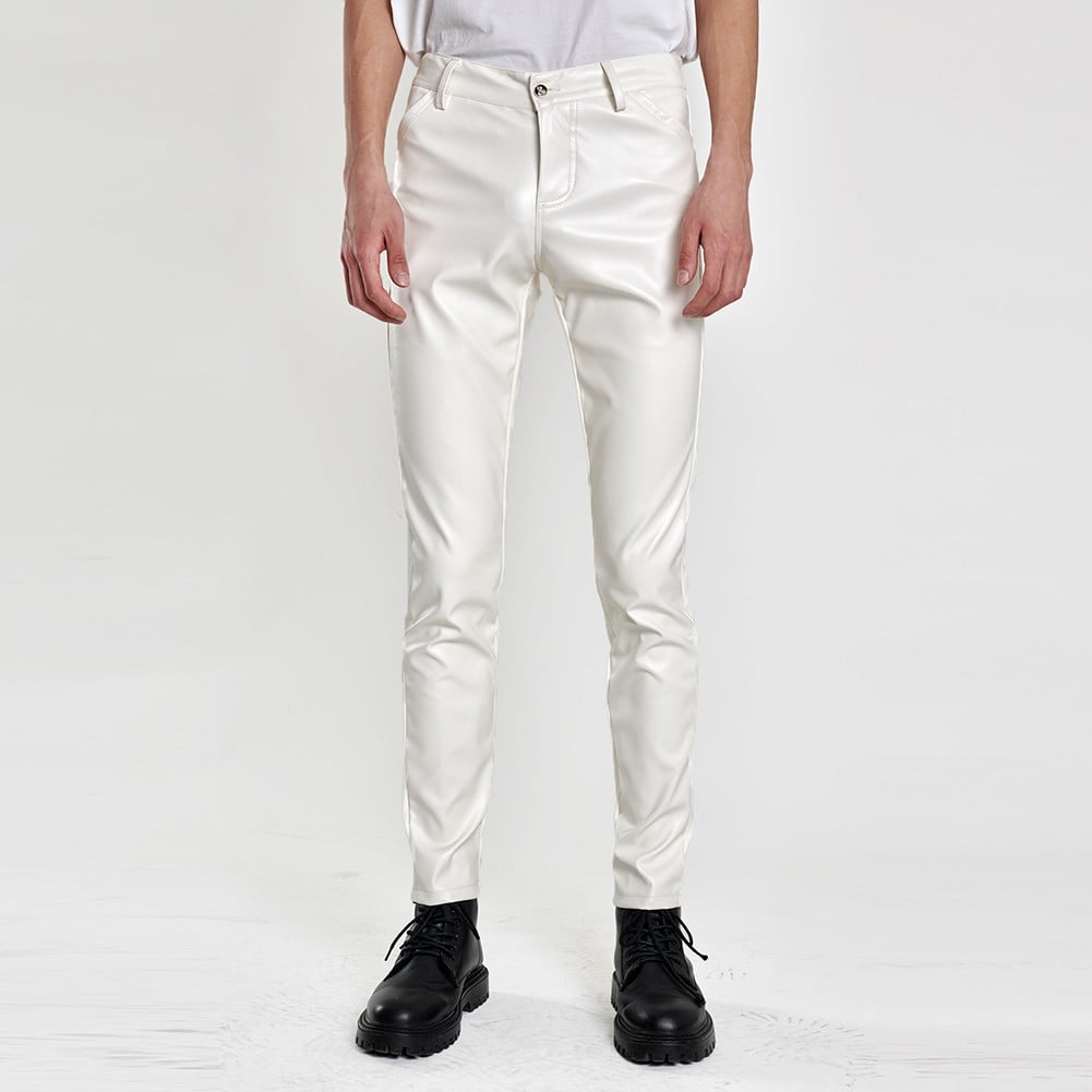 Mens Personality Leather Pants Fashion Slim Stretch PU Biker Leather Trousers Walmart