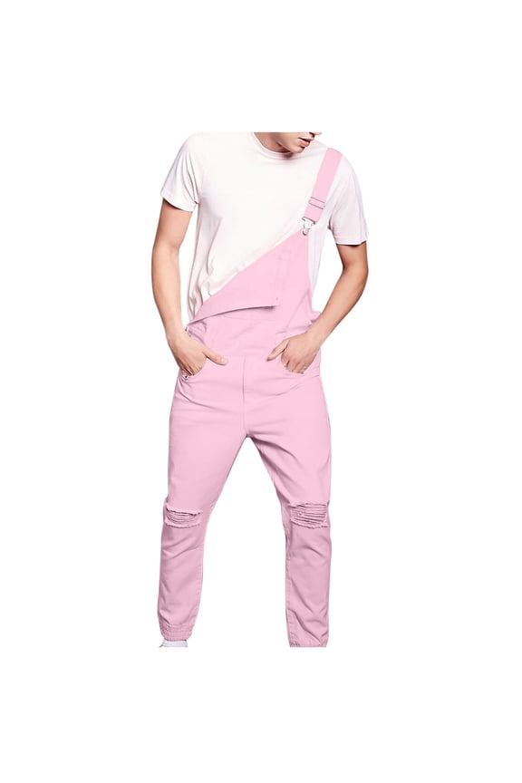 Mens Personalized Pink Overalls Funky Ripped Denim Bib Pants Fashion Sleeveless Cargo Romper Jumpsuit with Pockets