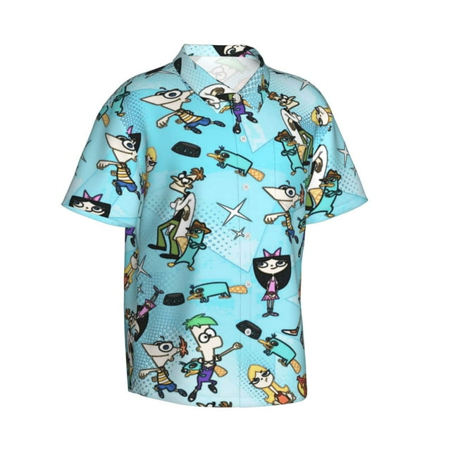 Mens Phineas Fer Hawaiian Shirt Short Sleeve Funny Printed Casual Button Down Aloha Shirts
