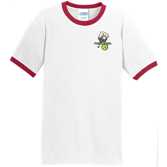 Mens Pickle Ball Pickleball Patch 100% Cotton Ringer Tee Shirt, 2XL White/Red
