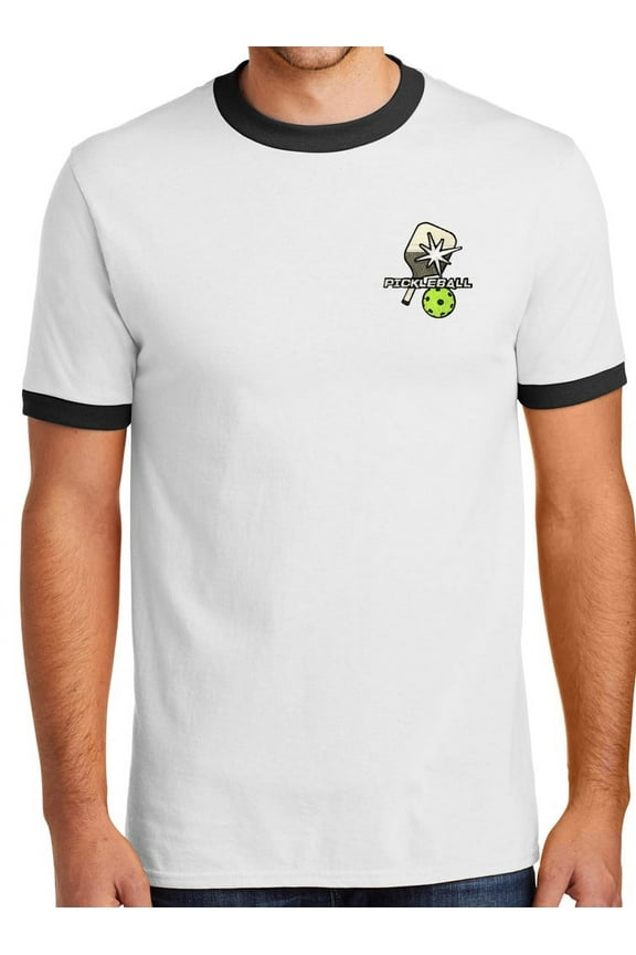 Mens Pickle Ball Pickleball Patch 100% Cotton Ringer Tee Shirt, XL White/Black