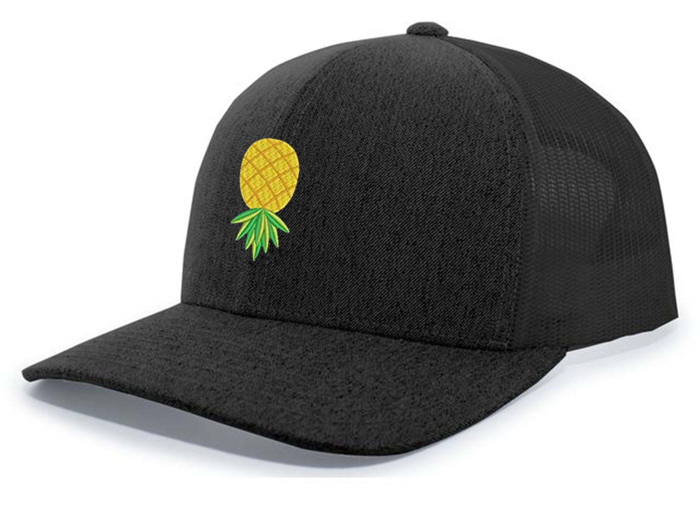 Mens Pineapple Embroidered Mesh Back Trucker Hat Cap-Black Heather