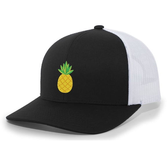 Mens Pineapple Embroidered Mesh Back Trucker Hat Cap-Black/White