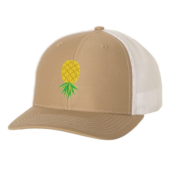 Mens Pineapple Embroidered Mesh Back Trucker Hat Cap-Khaki/White