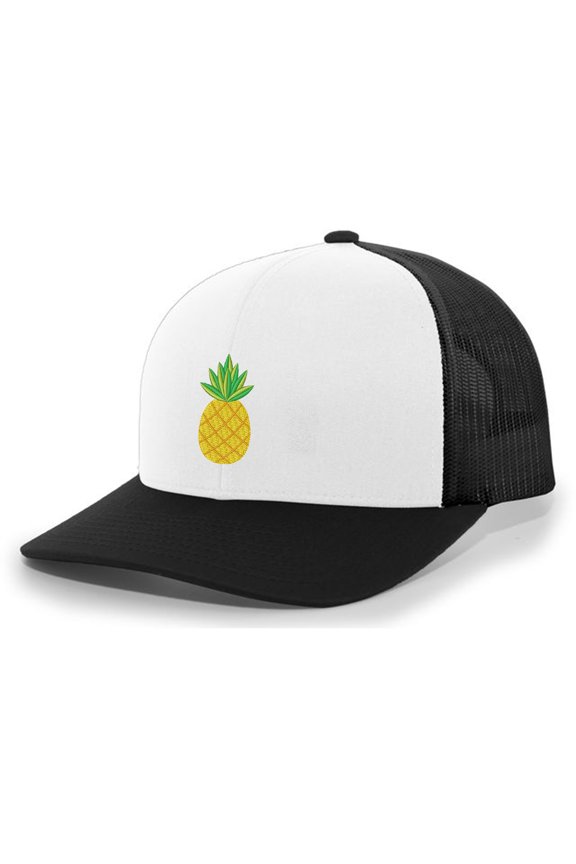 Mens Pineapple Embroidered Mesh Back Trucker Hat Cap-White/Black/Black