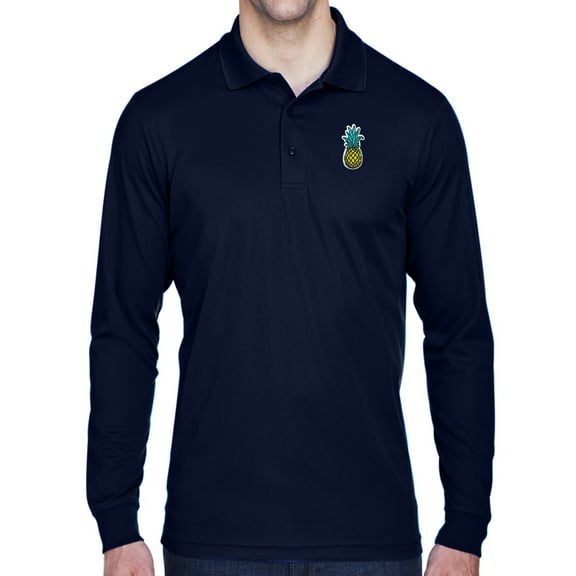 Mens Pineapple Patch Long Sleeve Polo Shirt - Navy, Medium