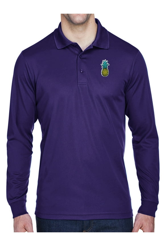 Mens Pineapple Patch Long Sleeve Polo Shirt - Purple, Large