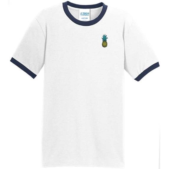 Mens Pineapple Tropical Patch 100% Cotton Ringer Tee Shirt, 2XL White/Navy