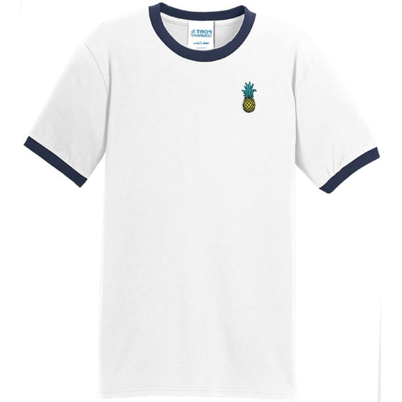 Mens Pineapple Tropical Patch 100% Cotton Ringer Tee Shirt, 3XL White/Navy
