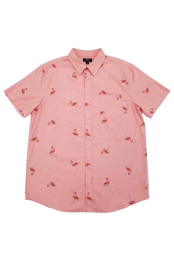 Mens Pink Flamingo Print Short Sleeve Button-Down Shirt X-Large