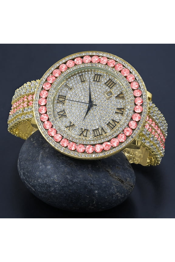 Mens Pink Tourmaline Roman Numeral Dial Big Face Simulated Diamond Gold Tone Jo Rodeo Adjustable Size Band Custom Watch