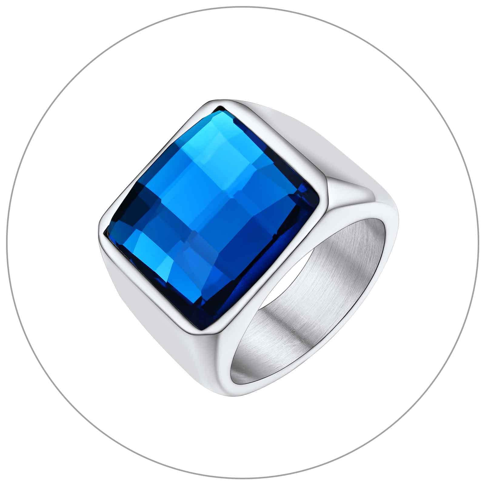 Mens Pinky Ring Stainless Steel Chunky Blue Stone Topaz Statement Ring