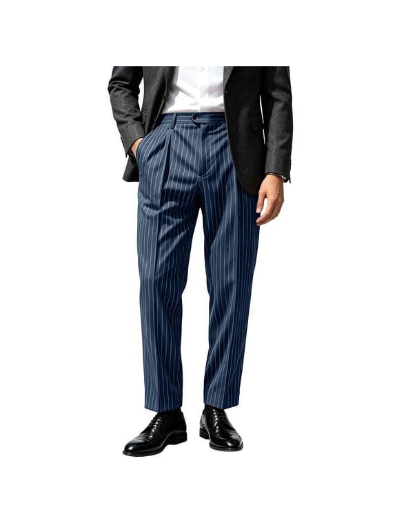Mens Pinstripe Dress Pants Striped Straight Leg Flat Front Business Office Workwear Trousers