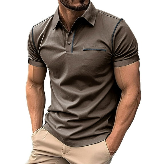 Mens Pique Shirts Polo Shirts Button Up Turn Down Lapel Short Sleeve Solid Color Sports Male Clothes,Khaki,L
