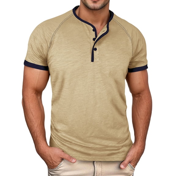 Mens Pique Shirts Classic Collar Short Sleeve Knit Contrast Trim Placket Mens Graphic T-Shirts,Khaki,S