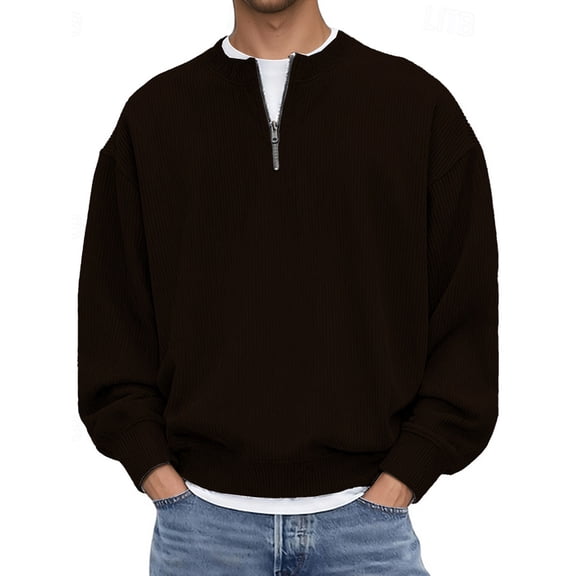 Mens Pique Shirts Corduroy Stand Collar Zipper Pullover Long Sleeve Stylish Mens Sprimg Clothing,Coffee,S