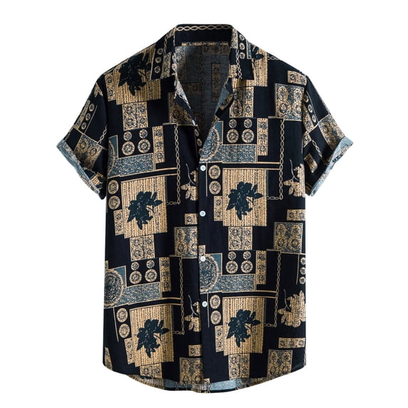 Mens Pique Shirts Fashion Button Down Printed Short Sleeve Lapel Plus Size Mens Clothing,Navy,2XL