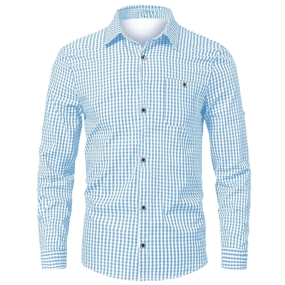 Mens Pique Shirts Plaid Breathable Long Sleeve Button Down Mens Clothing,Light Blue,S