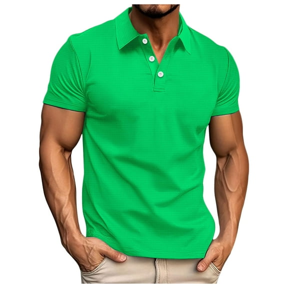 Mens Pique Shirts Short Sleeve Lapel Solid Color Lapel Holiday Tops Summer And Fall Clothing,Green,L