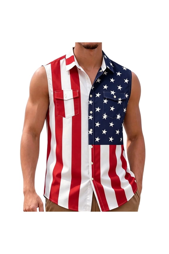 Mens Pique Shirts Sleeveless Button Front Pattern Memorial Day Independence Mens Spring Shirt,Multicolour,XL