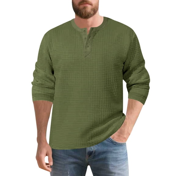 Mens Pique Shirts Tops Heavyweight Small Check Long Sleeve Relaxed Fit Thermal Mens Workout Shirts,Army Green,2XL