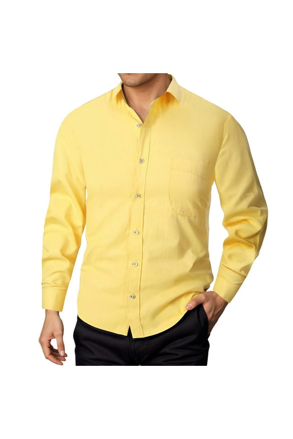 Mens Pique Shirts Tops Pure Color Long Sleeve Button Down Lapel Mens Formal Shirts,Yellow,2XL