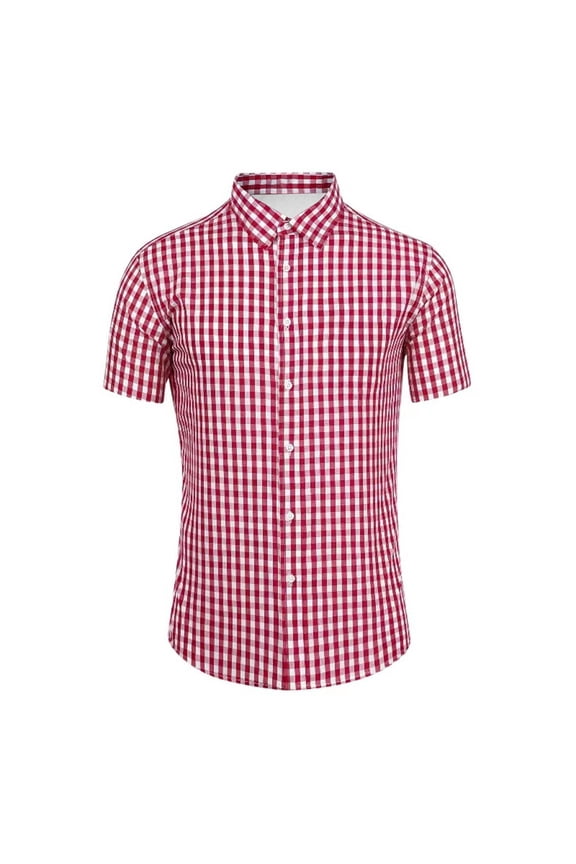 Mens Pique Shirts Tops Short Sleeve Linen Blend Plaid Print Button Down Mens Graphic T-Shirts,Red,S