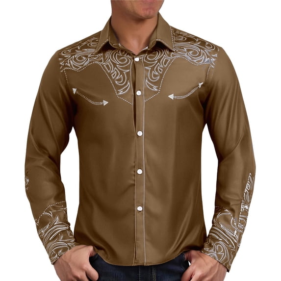 Mens Pique Shirts Tops Western Cowboy Long Sleeve Embroidered Slim Fit Button Down Cropped Mens Clothing,Brown,L