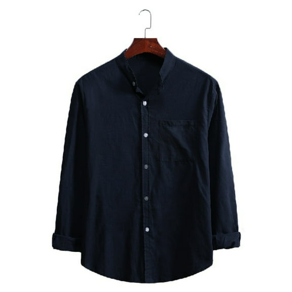 Mens Pique Shirts Winter Fashion Solid Color Lapel Long-Sleeved Solid Color Lapel Long-Sleeved Mens Clothing,Navy,M