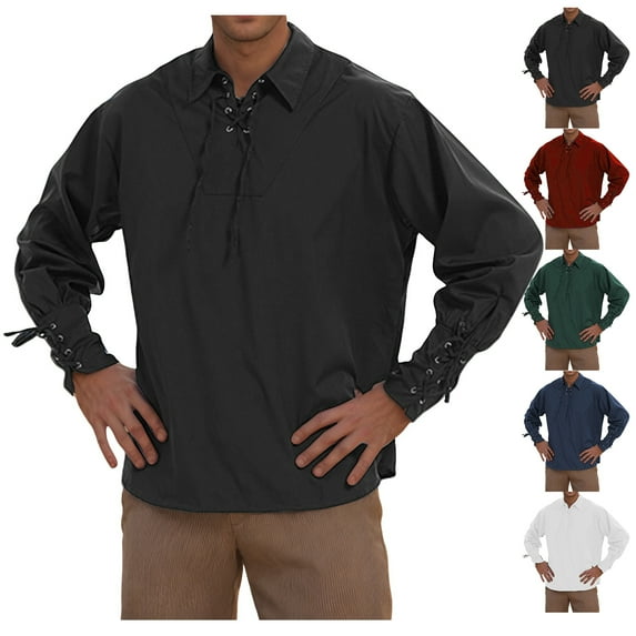 Mens Pirate Shirt Lace Up Retro Vampire Renaissance Steampunk Halloween Shirt Long Sleeve Gothic Medieval Costume