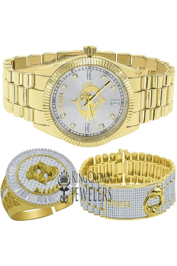 Mens Pisces Fish Lucky Zodiac Sign 14K Gold Finish Simulated Diamond Custom Watch+Bracelet+Ring 3 Piece Combo Set