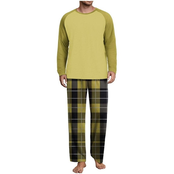 Mens Pjs Sets Color Block Pajamas Sets Plaid Fannel Pajama Bottoms Cotton Lounge Pants Trendy Soft Long Sleeve Pjs Tops Sleepwear