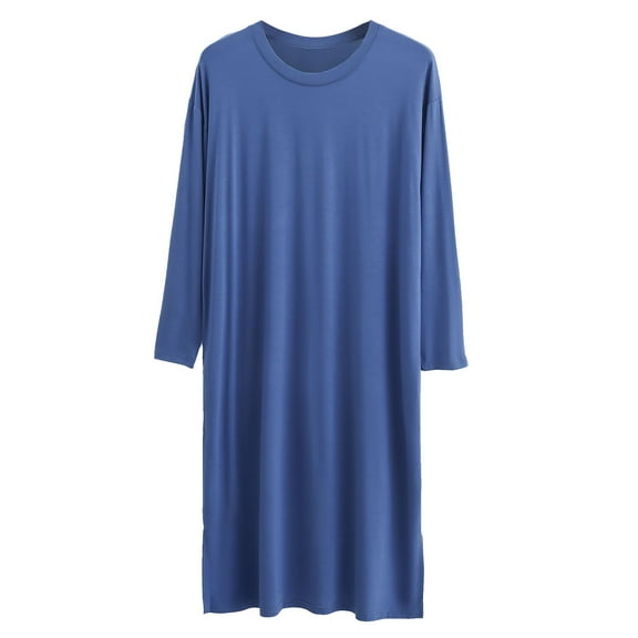 Mens Pjs Sets Male Solid Color Long Sleeve Round Neck Nightdress Robe Homewear Blue L