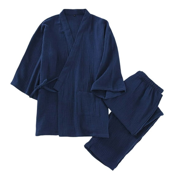 Mens Pjs Sets Men's Japanese Kimono Pajamas Spring And Fall Washed Crepe Loungewear Set Loose Fitting Blue XL