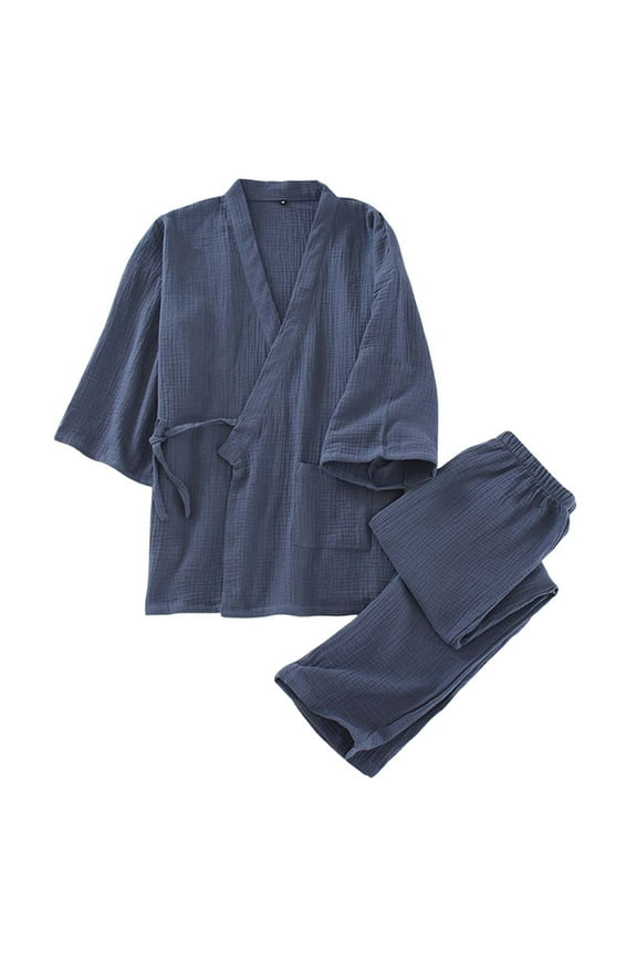 Mens Pjs Sets Men's Japanese Kimono Pajamas Spring And Fall Washed Crepe Loungewear Set Loose Fitting Gray L