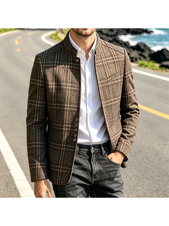 Mens Plaid Blazer Jackets Button Up Stand Collar Long Sleeve Fashion Casual Slim Business Jacket Brown XL