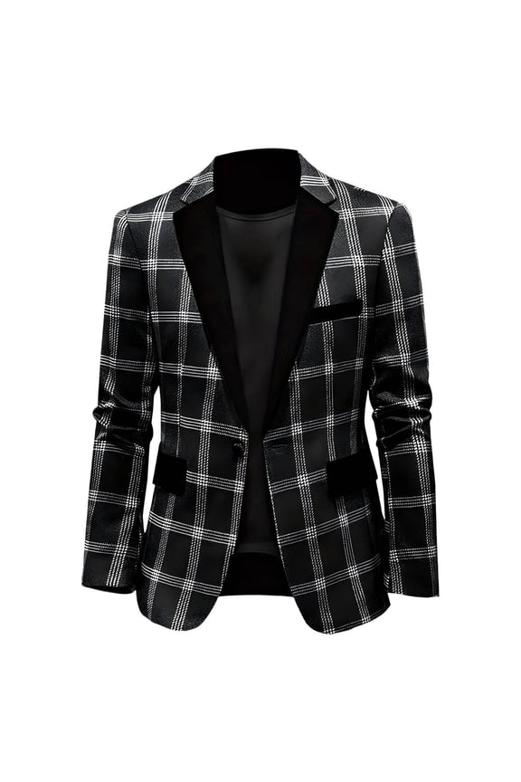 Mens Plaid Blazer Jackets Slim Fitting Sports Coat Casual Suit Tops for Business Work Wedding Black XXL