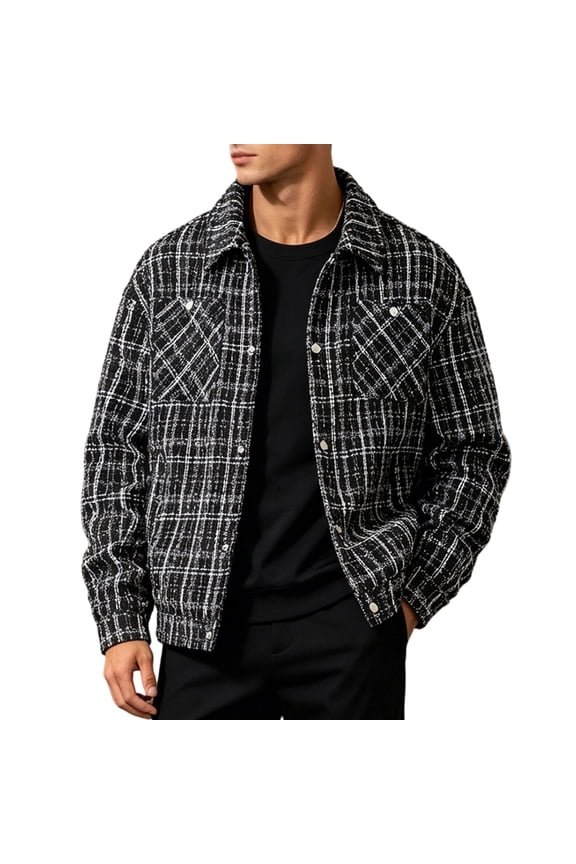 Mens Plaid Bomber Jacket Button Casual Coat Outerwear Workout Sports Shacket Coat for Hiking Fishing Camping Gym Running Black M(M)