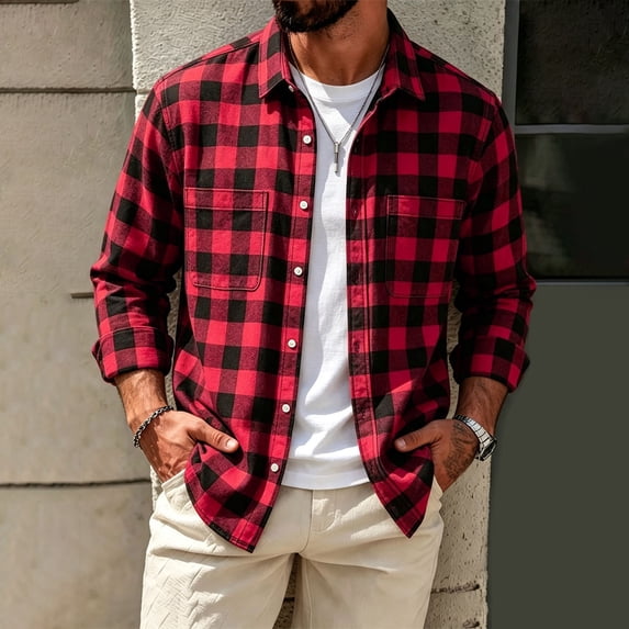 Mens Plaid Button Down Dress Shirt Regular Fit Long Sleeve Shirts Casual Checkered Two Pockets Work Tops Fall Clothes(Red,S)