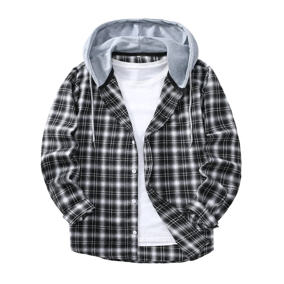 Mens Plaid Button Down Hoodies Loose Fit Long Sleeve Shirt Casual Lightweight Blouse