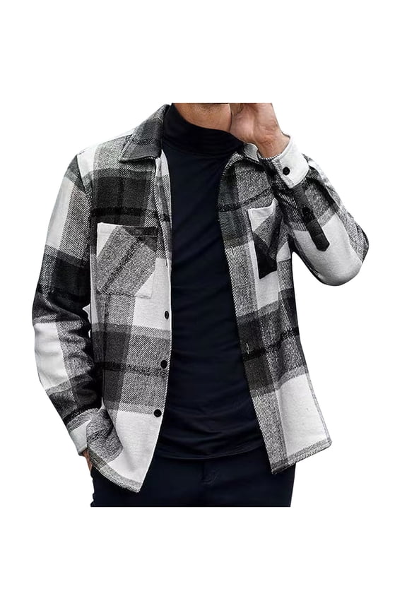 Mens Plaid Button Down Jackets Casual Long Sleeve Shirts Shacket Trendy Cotton Lightweight Coat with Pockets