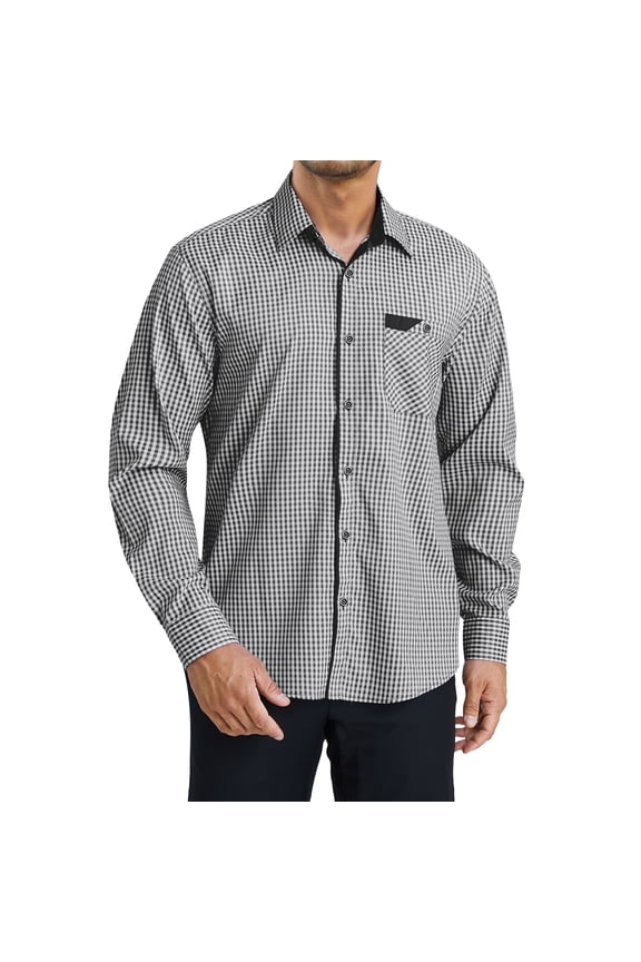 Men's Plaid Button Down Shirts Long Sleeve Dress Shirts Regular Fit Black Shirts with Pocket L