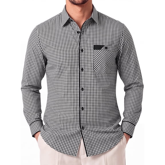 Men's Plaid Button Down Shirts Long Sleeve Dress Shirts Regular Fit Black Shirts with Pocket L
